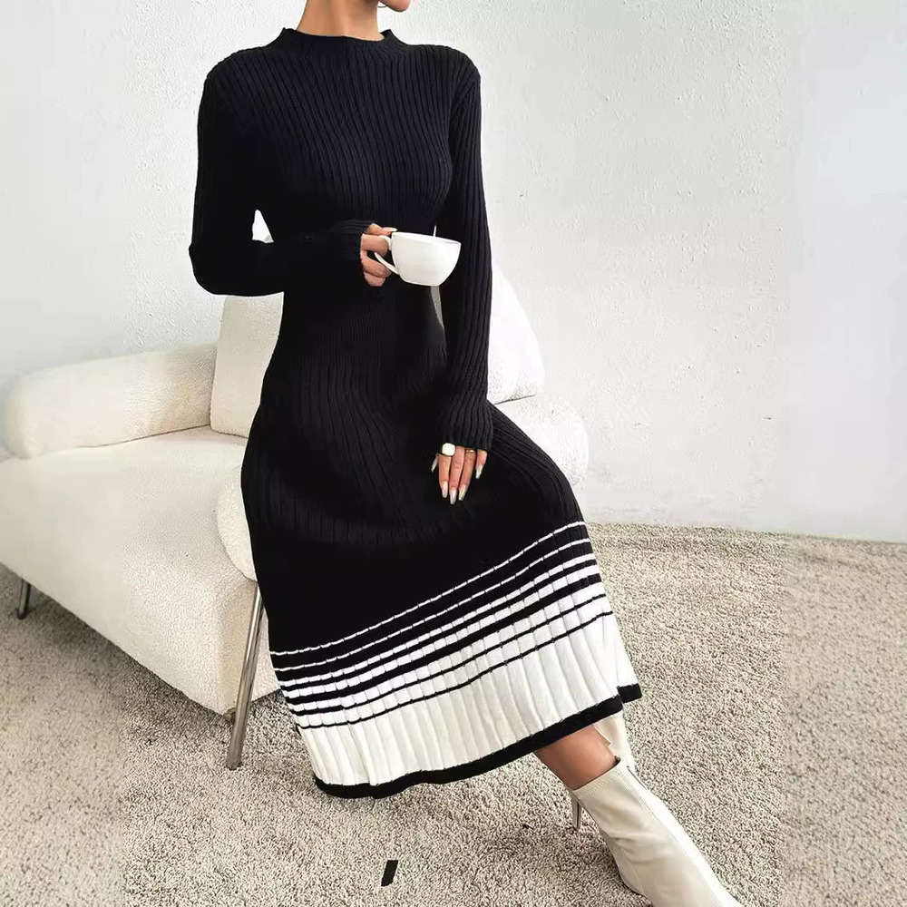 Forever 21 Knit Sweater Dress Black White Striped Pleated Long Winter